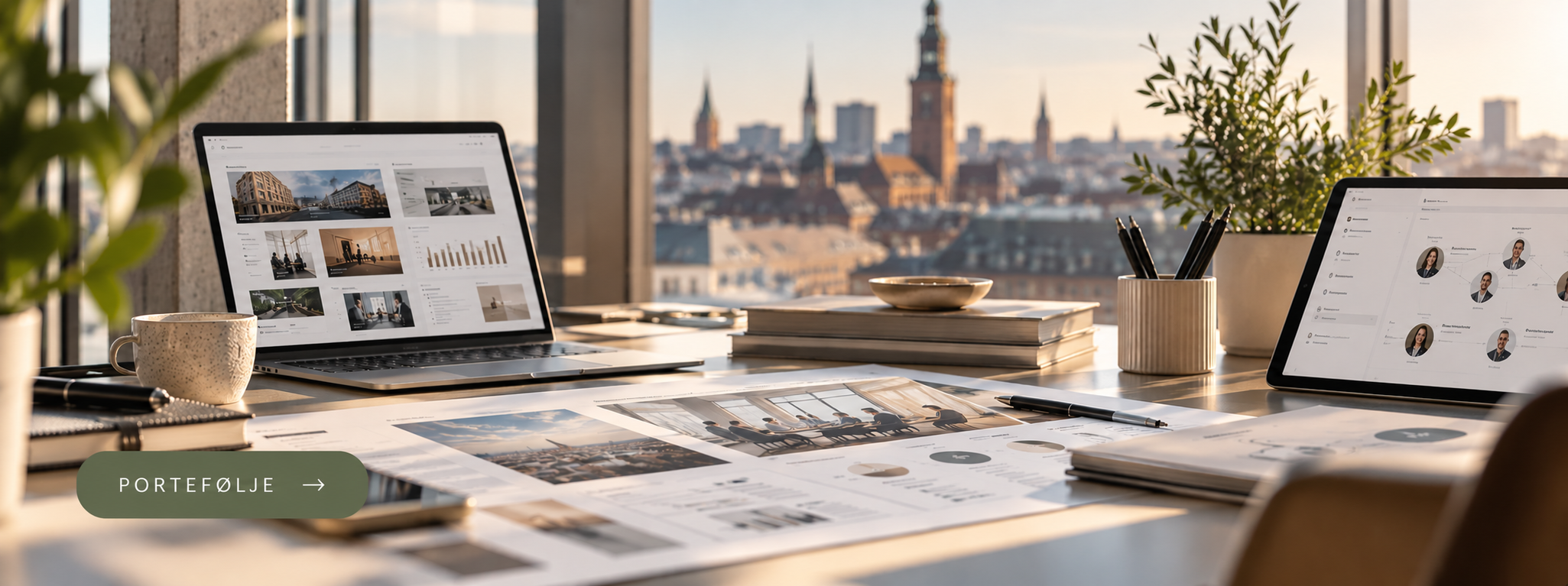 Skrivebord med laptop, tablet og projektmaterialer foran udsigt over København